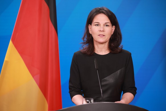 epa11281727 German Foreign Minister Annalena Baerbock speaks next to Jordanian Foreign Minister Ayman Safadi, during a press conference at the German Federal Foreign Office in Berlin, Germany, 16 Apri ...