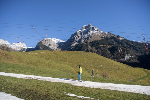 Skifahrer vergnuegen sich auf der Kunstschneepiste der Klostermatte in gruener Landschaft, aufgenommen am Samstag, 7. Januar 2023, in Engelberg im Kanton Obwalden. (KEYSTONE/Urs Flueeler). People enjo ...