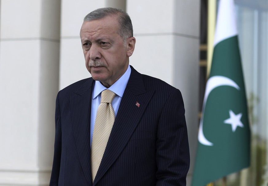 Turkish President Recep Tayyip Erdogan arrives for a ceremony in Ankara, Turkey, Wednesday, June 1, 2022.Turkey will no longer hold high-level talks with Greece, Erdogan said Wednesday. Ankara resumed ...