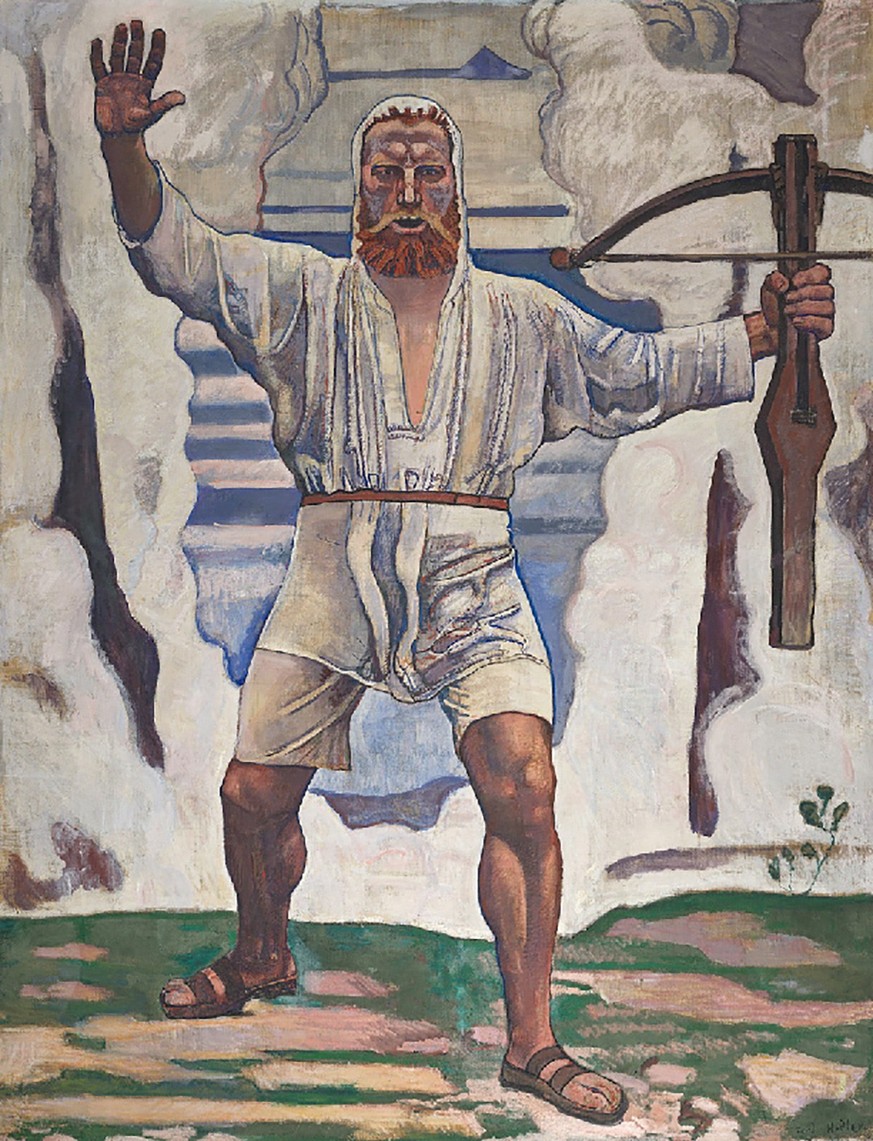 Guillaume Tell de Ferdinand Hodler, 1897 Hodler fait de l’arbalète dans la main de Tell une croix chrétienne stylisée, ce qui confère une qualité sacrée à la représentation.
https://sammlung-online.ku ...