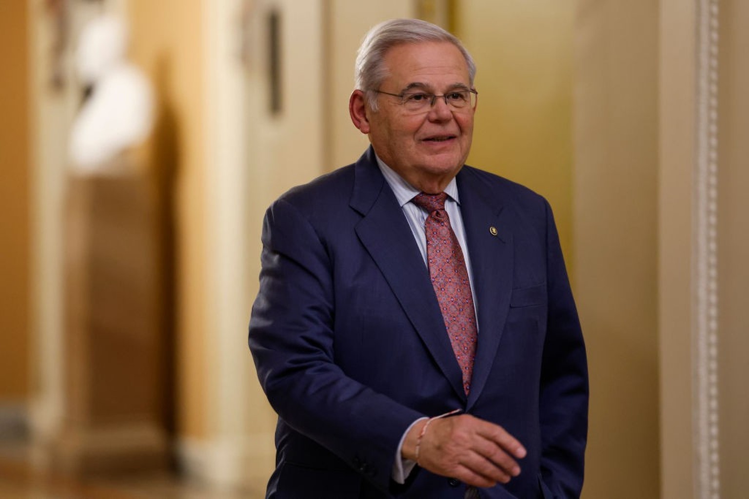 WASHINGTON, DC - NOVEMBER 15: U.S. Sen. Robert Menendez (D-NJ) walks to the Senate Chambers in the U.S. Capitol Building on November 15, 2023 in Washington, DC. The U.S. Senate passed short-term fundi ...