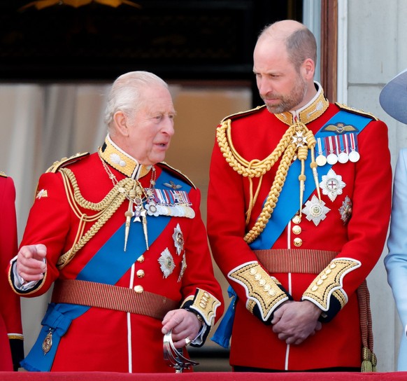 LONDON, ENGLAND - JUNE 13: (EMBARGOED FOR PUBLICATION IN UK NEWSPAPERS UNTIL 24 HOURS AFTER CREATE DATE AND TIME) King Charles III (Colonel-in-Chief of the Grenadier Guards) and Prince William, Prince ...