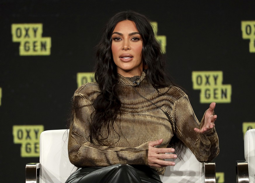 FILE - In this Saturday, Jan. 18, 2020 file photo, Kim Kardashian West speaks at the &quot;Kim Kardashian West: The Justice Project&quot; panel during the Oxygen TCA 2020 Winter Press Tour at the Lang ...