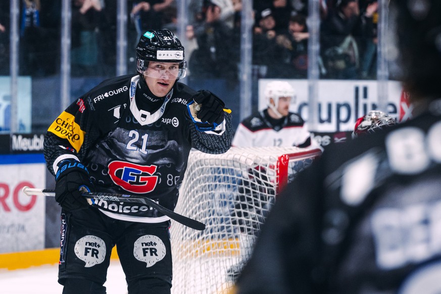 La joie de Henrik Borgstroem (HCFG) apres le 1-0, lors du match du championnat suisse de hockey sur glace de National League entre le HC Fribourg Gotteron, HCFG, et le Lausanne HC, LHC, ce samedi 7 ma ...