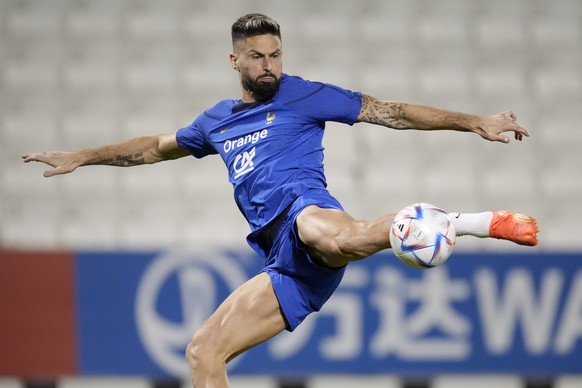 France&#039;s Olivier Giroud kicks the ball during a training session at the Jassim Bin Hamad stadium in Doha, Qatar, Sunday, Nov. 20, 2022. France will play their first match in the World Cup against ...