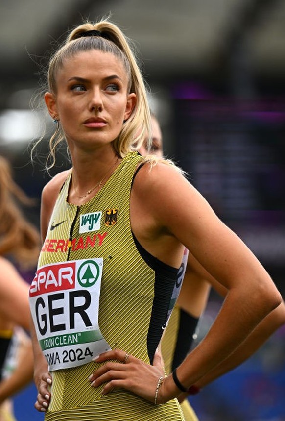 ROME, ITALY - JUNE 11: Alica Schmidt of Team Germany looks on prior to the Women&#039;s 4x400m Heats on day five of the 26th European Athletics Championships - Rome 2024 at Stadio Olimpico on June 11, ...