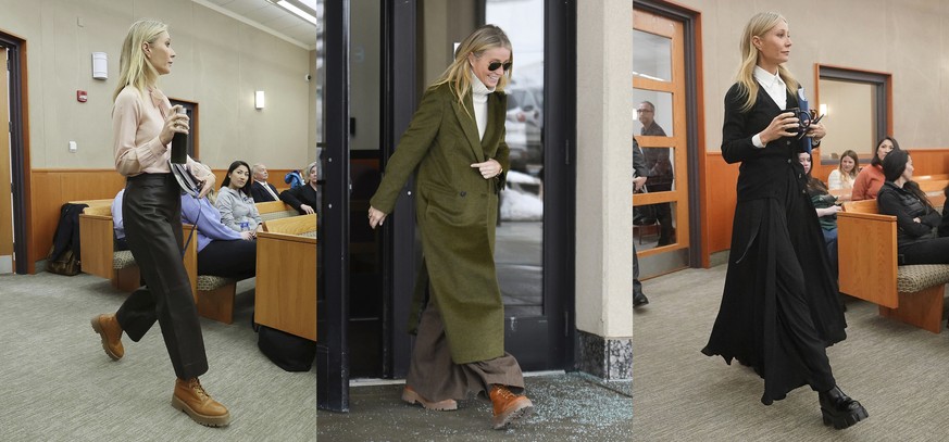 This combination of photos show actor Gwyneth Paltrow at the courthouse for her trial in Park City, Utah on March 28, 2023, from left, March 21, and on March 27. For the rich and those who aspire, log ...