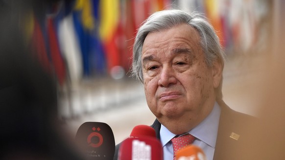 United Nations Secretary General Antonio Guterres speaks with the media as he arrives for an EU summit at the European Council building in Brussels, Thursday, March 23, 2023. European Union leaders me ...