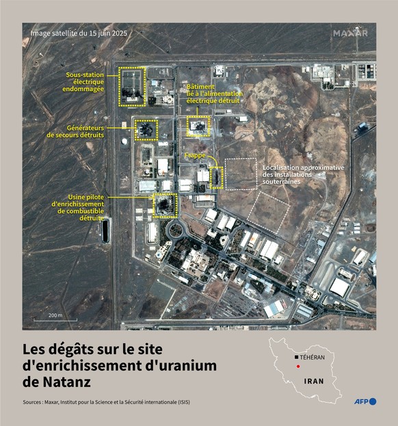 Image satellite de Maxar du 15 juin 2025 montrant les dégâts sur le site d&#039;enrichissement d&#039;uranium de Natanz, dans le centre de l&#039;Iran (Photo by Cléa PÉCULIER and Valentina BRESCHI / A ...