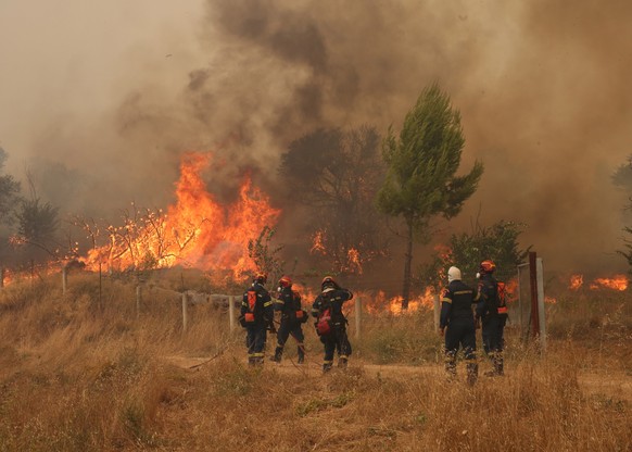 epa13146898 Firefighters battle a wildfire in the wider area of Megara, Attica, Greece, 02 August 2026. The fire continues to burn in the Megara area - right on the edge of the urban zone - with a new ...