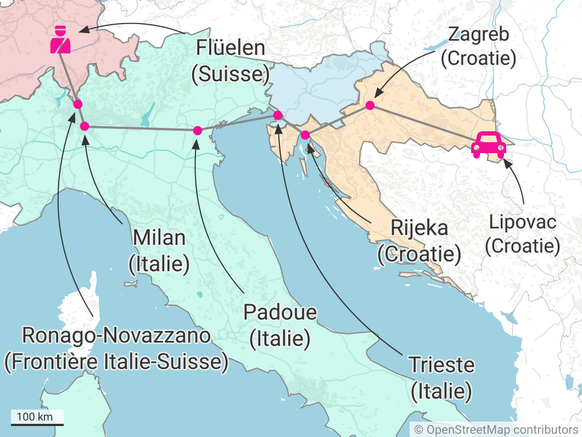 Le parcours du passeur arrêté par la police suisse en décembre 2023.