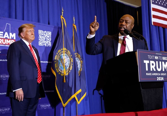 CONCORD, NEW HAMPSHIRE - JANUARY 19: Sen. Tim Scott (R-SC) speaks during a campaign rally for Republican presidential candidate and former President Donald Trump at the Grappone Convention Center on J ...