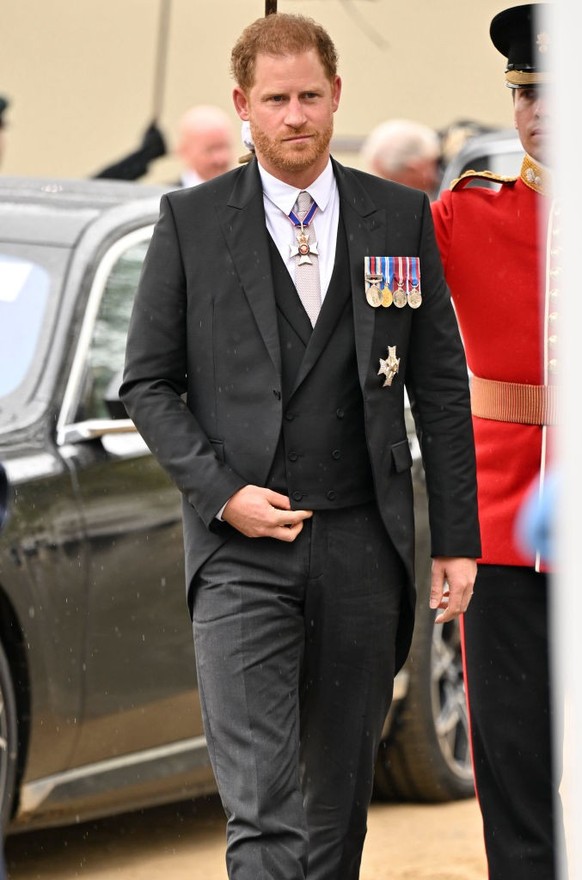 LONDON, ENGLAND - MAY 06: Prince Harry, Duke of Sussex arrives for the Coronation of King Charles III and Queen Camilla at Westminster Abbey on May 6, 2023 in London, England. The Coronation of Charle ...