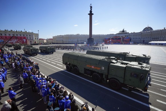 Iskander, Russian mobile short-range ballistic missile system launchers roll during the Victory Day military parade at the Palace Square in St. Petersburg, Russia, Thursday, May 9, 2024, marking the 7 ...