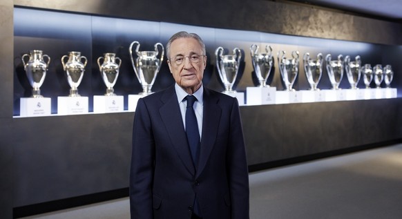 epa11039770 A handout photo taken from a video released by Real Madrid TV on 21 December 2023 of Florentino Perez, Real Madrid&#039;s President, giving a statement after Europe Court of Justice ruled  ...