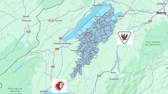 La Broye figure en bleu foncé sur la carte. Les clubs de Lausanne et Fribourg sont représentés par leur logo.