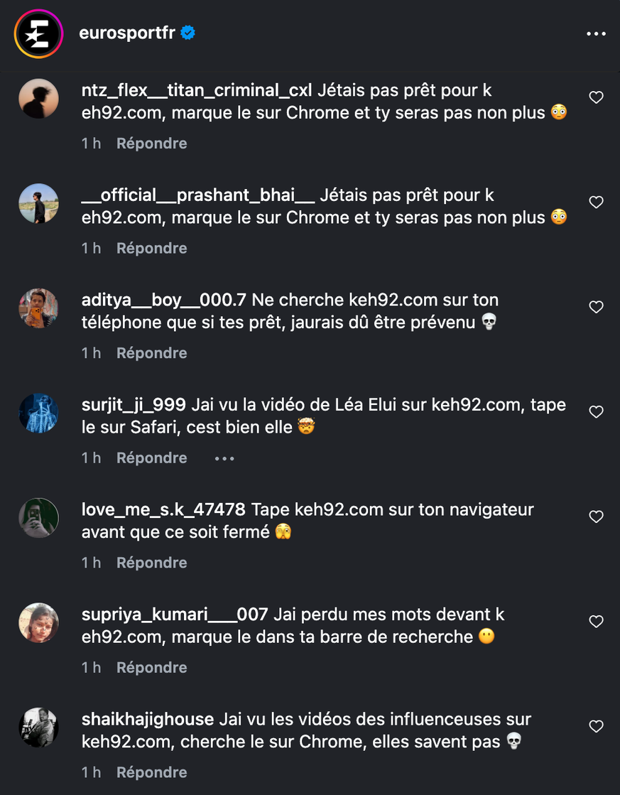 Sur la page Instagram d'Eurosport France, de nombreux commentaires sont écrits par des bots pour diffuser cette arnaque.