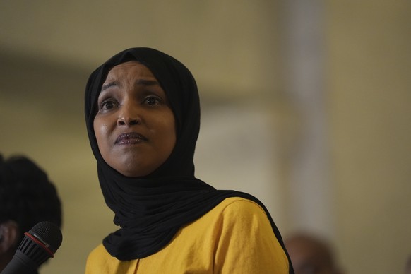 Rep. Ilhan Omar, D-Minn., speaks during a news conference in Minneapolis City Hall, Thursday, Aug. 28, 2025, in Minneapolis. (AP Photo/Abbie Parr)
School Shooting Minneapolis