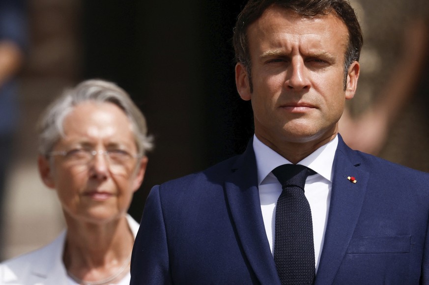 French President Emmanuel Macron and Prime Minister Elisabeth Borne attend a ceremony marking the 82nd anniversary of late French General Charles de Gaulle&#039;s resistance call of June 18, 1940, at  ...