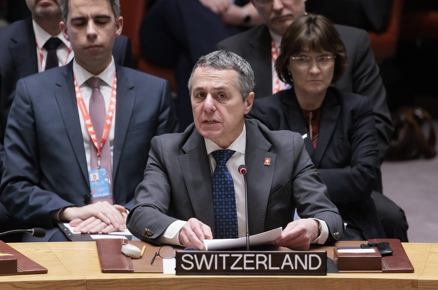 epa10488619 Switzerland?s Foreign Minister Ignazio Cassis addresses a high-level United Nations Security Council meeting on the conflict in Ukraine, at United Nations headquarters in New York, New Yor ...