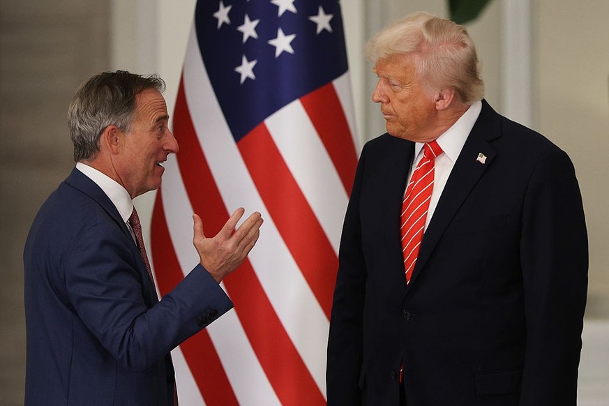 DOHA, QATAR - MAY 14: U.S. President Donald J. Trump (R) talks with Washington Commanders owner Josh Harris before a state dinner at the Lusail Palace on May 14, 2025, in Doha, Qatar. The visit unders ...