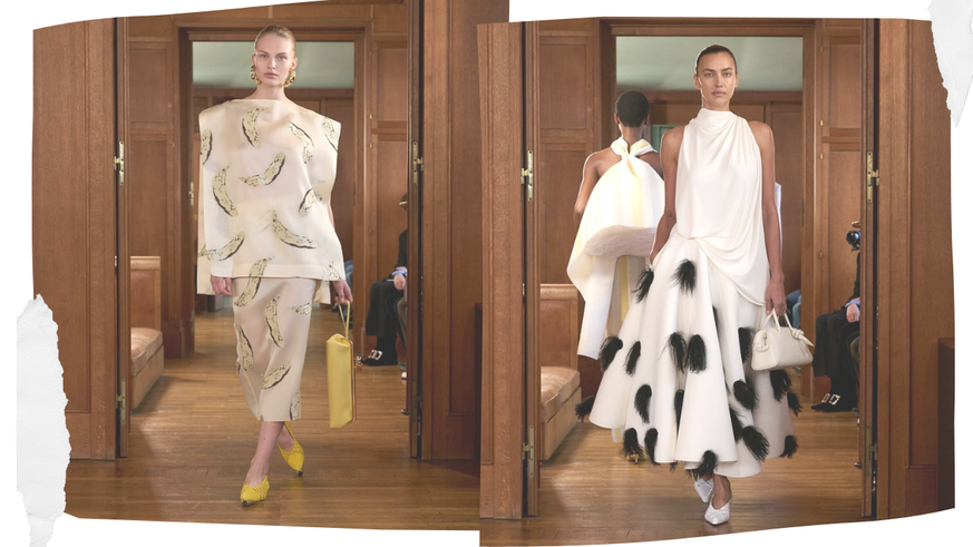 A gauche: la robe banane qui met du pep dans une collection assez classique. A droite: Adriana Lima faisait partie des mannequins qui ont défilé.