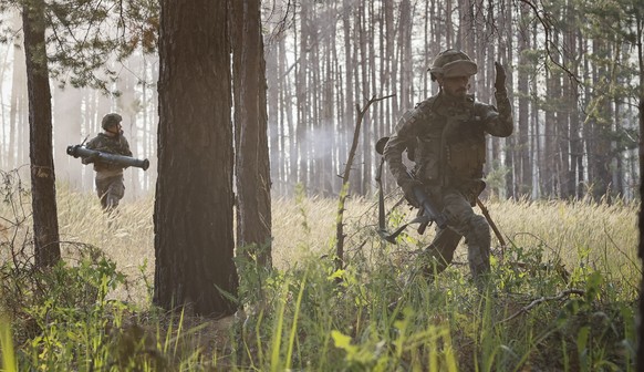 Des soldats ukrainiens progressent dans un bois dans la région de Lougansk.