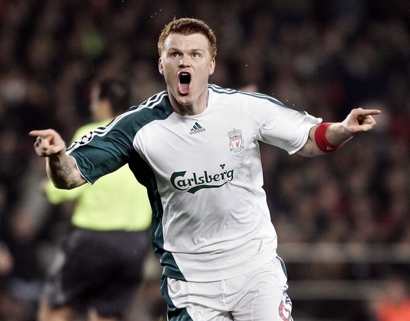 Liverpool&#039;s John Arne Riise celebrates his goal against Barcelona during his Champions League first knockout round, first-leg soccer match at in Barcelona, Spain Wednesday Feb. 21, 2007. (AP Phot ...