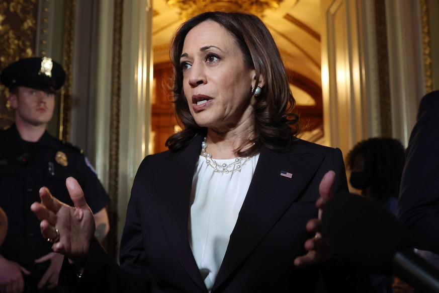 epa09941095 US Vice President Kamala Harris speaks to members of the news media after a Senate vote to codify abortion protections failed, in the US Capitol in Washington, DC, USA, 11 May 2022. A hist ...