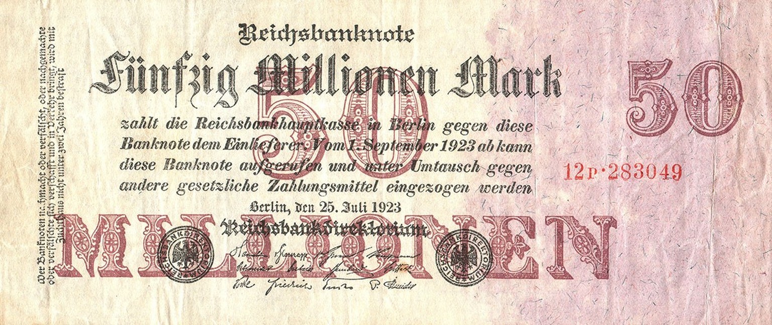 50 millions de marks émis par la Reichsbank, la banque centrale allemande de l’époque, Berlin, 1923.
https://commons.wikimedia.org/wiki/File:50_Millionen_Reichsbank_Berlin.jpg