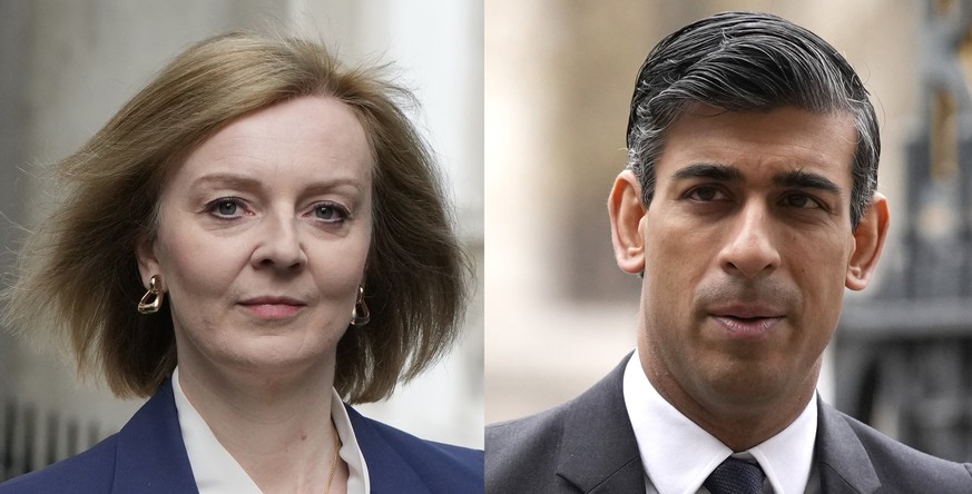 FILE - This combo of file photos shows the remaining candidates in the Conservative Party leadership race, former Chancellor of the Exchequer Rishi Sunak and Foreign Secretary Liz Truss. The two candi ...