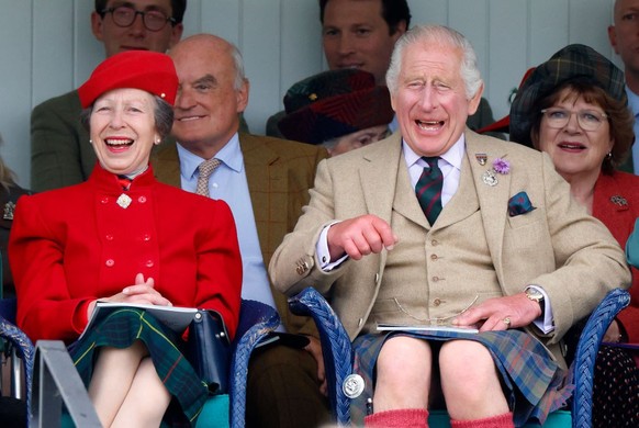 BRAEMAR, SCOTLAND - SEPTEMBER 2: (EMBARGOED FOR PUBLICATION IN UK NEWSPAPERS UNTIL 24 HOURS AFTER CREATE DATE AND TIME) Princess Anne, Princess Royal and King Charles III (wearing, for the first time, ...