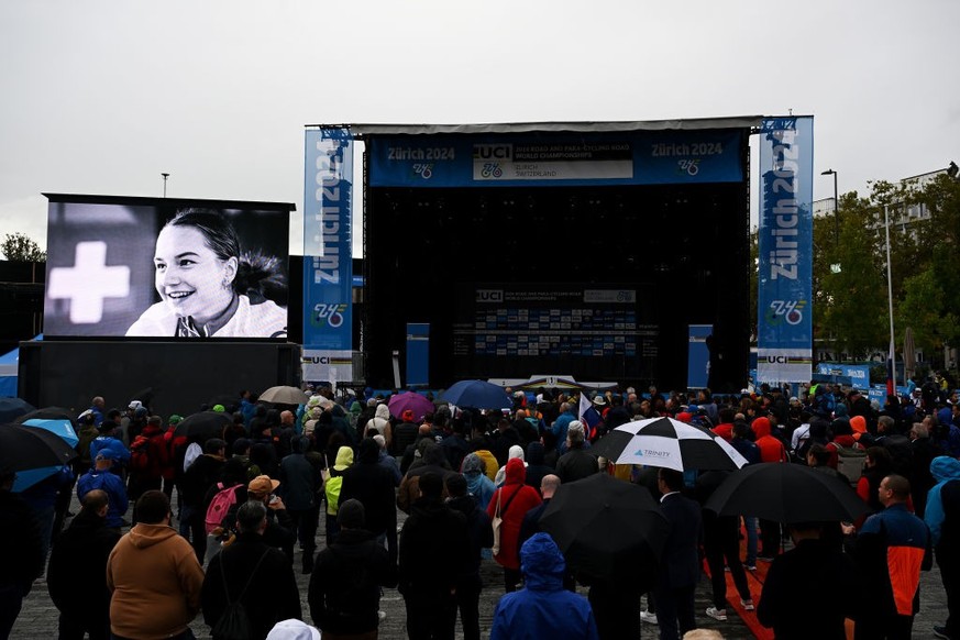 ZURICH, SWITZERLAND - SEPTEMBER 27: The screen shows cyclist Muriel Furrer, who sadly passed away after suffering a severe head injury at the UCI Paracycling and Road World Championships 2024during th ...