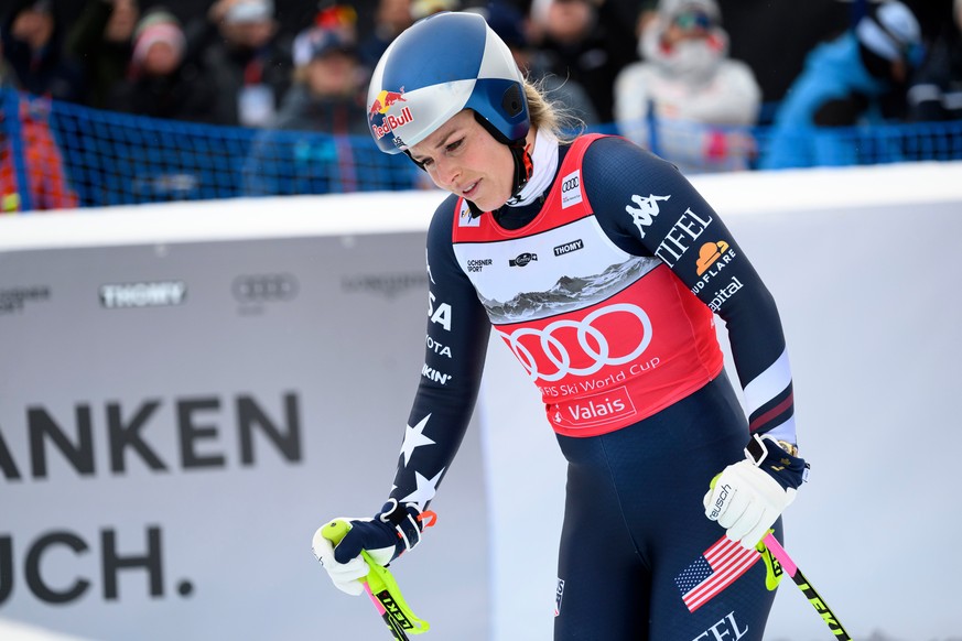 United States' Lindsey Vonn at the finish line after crashing, during an alpine ski, womens World Cup downhill, in Crans Montana, Switzerland, Friday, Jan. 30, 2026. (Alessandro della Valle/Keys ...