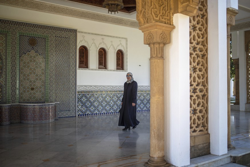 Aziza Moufid, 40, a female Muslim religious guide, or mourchida, poses for a portrait in Lalla Soukaina mosque, named after the daughter of the late King Hassan II, in Hay Riad neighborhood of Rabat,  ...