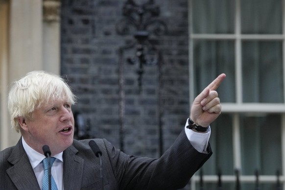 Outgoing British Prime Minister Boris Johnson speaks outside Downing Street in London, Tuesday, Sept. 6, 2022 before heading to Balmoral in Scotland, where he will announce his resignation to Britain& ...