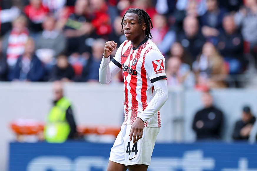 Freiburg, Germany - April 4: Johan Manzambi of SC Freiburg looks dejected during the Bundesliga match between Sport-Club Freiburg and FC Bayern München at Europa-Park Stadion on April 4, 2026 in Freib ...