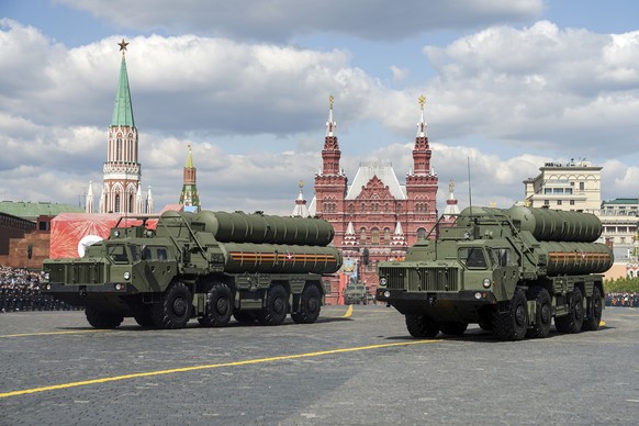 Russian S-400 air defense missile systems move at the embankment along the Kremlin wall after the Victory Day military parade in Moscow, Russia, Tuesday, May 9, 2023, marking the 78th anniversary of t ...