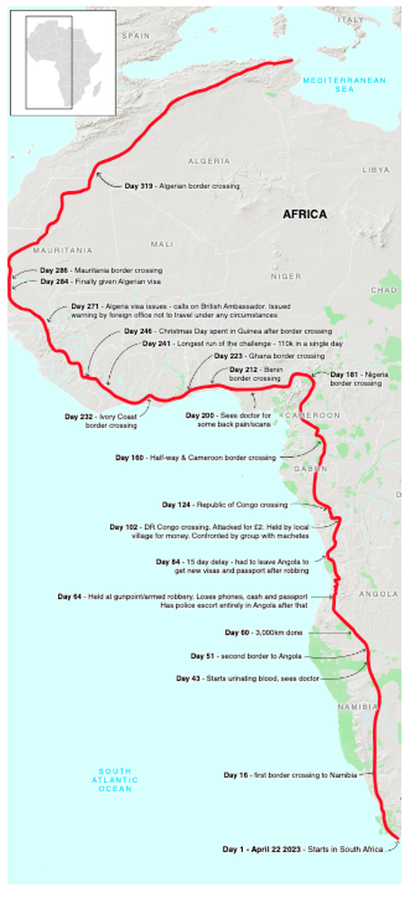 Russ Cook a choisi un itinéraire qui l'a mené du point le plus méridional au point le plus septentrional de l’Afrique, en longeant la côte ouest.