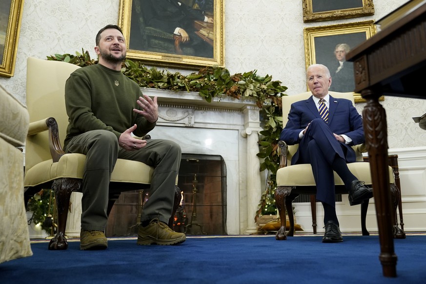 Ukrainian President Volodymyr Zelenskyy speaks during a meeting with President Joe Biden in the Oval Office of the White House, Wednesday, Dec. 21, 2022, in Washington. (AP Photo/Patrick Semansky)
Joe ...