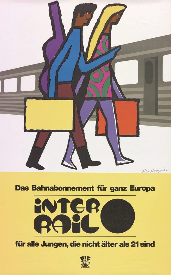 Emblématique: la première affiche InterRail de 1973, réalisée par le Français Guy Georget (1911–1992).
https://www.sbbarchiv.ch/detail.aspx?ID=210668