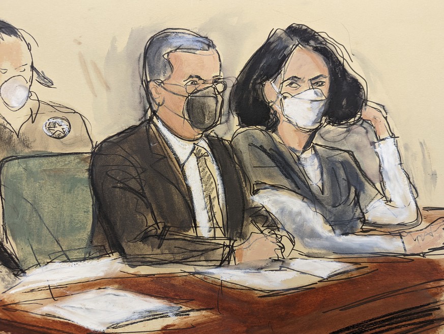 In this courtroom sketch, Ghislaine Maxwell, right, is seated beside her attorney, Christian Everdell, as they watch the prosecutor speak during her sentencing, Tuesday, June 28, 2022, in New York. Ma ...