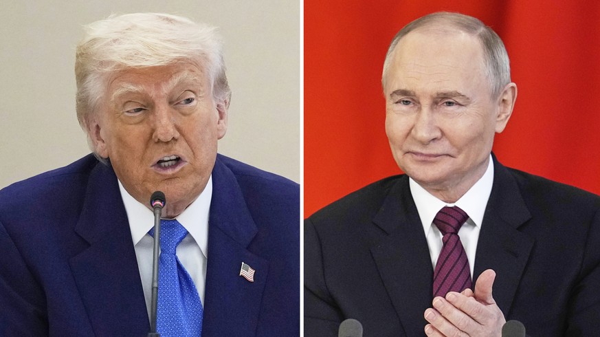 FILE - This combination photo shows U.S. President Donald Trump in a business roundtable in Abu Dhabi, United Arab Emirates, May 16, 2025, left, and Russian President Vladimir Putin at a signing cerem ...