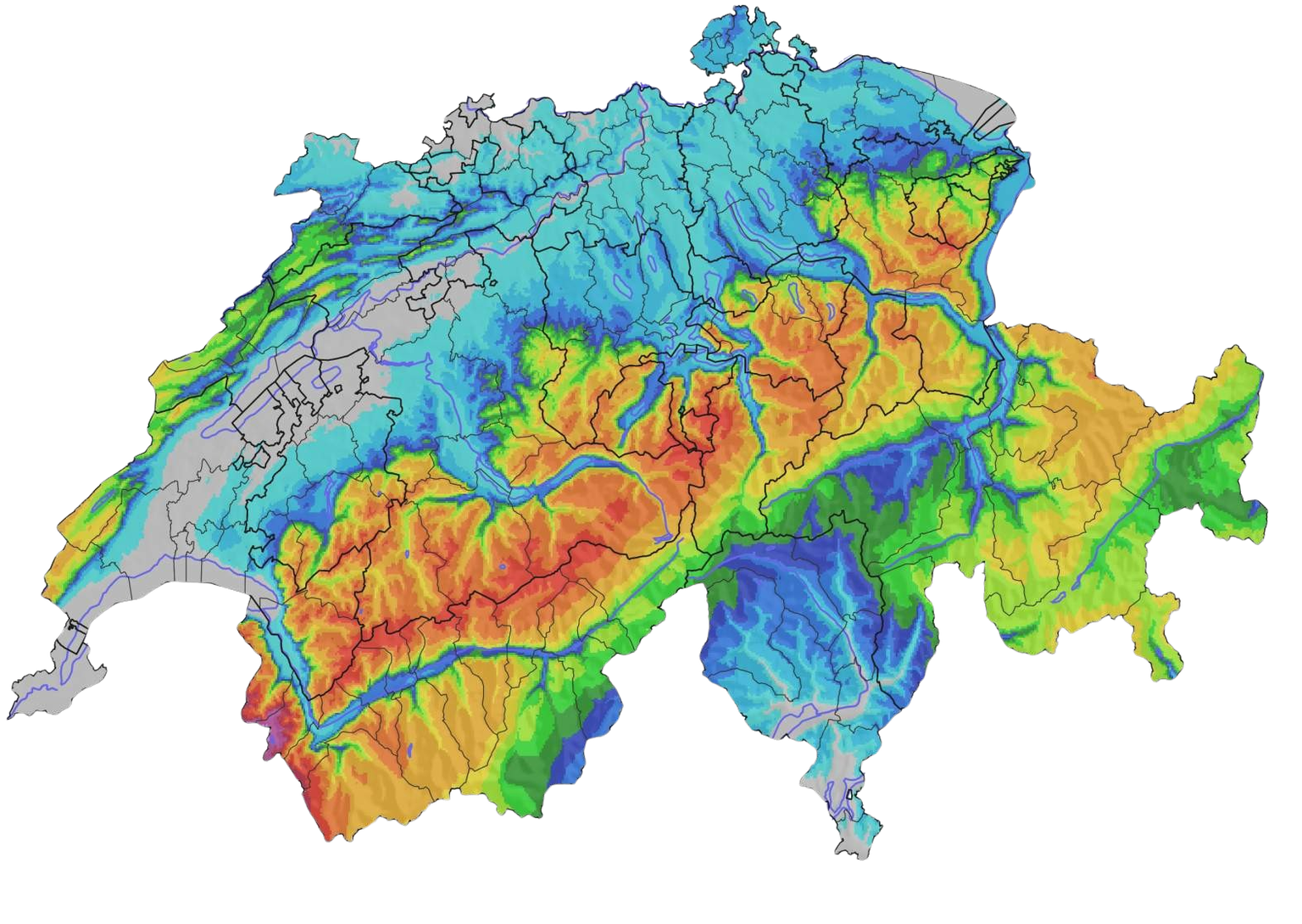 Les chutes de neige en Suisse prévues du 24 au 26 novembre 2025. En gris: 0-1cm. En bleu: entre 1 et 20cm de neige. En rouge: entre 100 et 150cm.