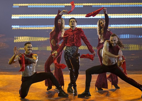 WRS from Romania singing Llamane performs during the Grand Final of the Eurovision Song Contest at Palaolimpico arena, in Turin, Italy, Saturday, May 14, 2022. (AP Photo/Luca Bruno)