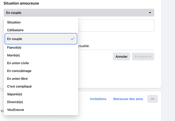 Le réseau social ne permet pour l&#039;instant que d&#039;afficher le nom d&#039;une seule personne dans la catégorie «situation amoureuse» et d&#039;en préciser le statut, comme le montre l&#039;imag ...