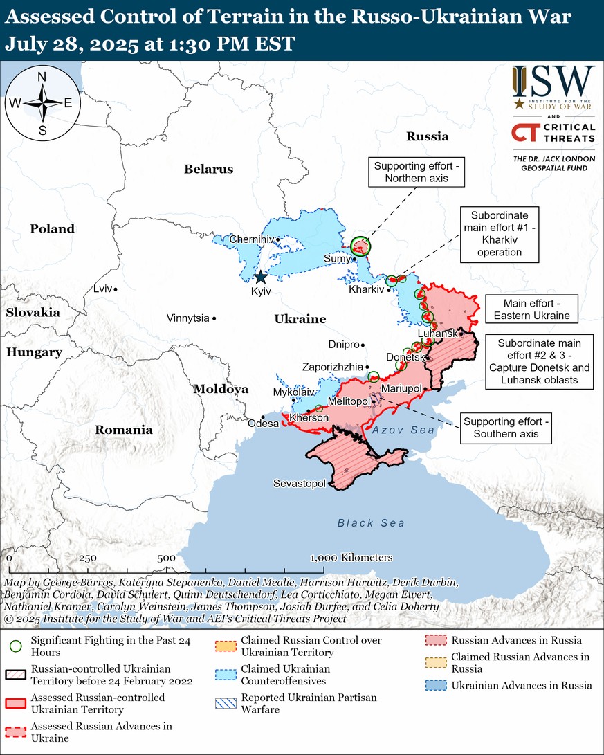 Frontverlauf in der Ukraine am 28. Juli 2025.
https://www.understandingwar.org/backgrounder/russian-offensive-campaign-assessment-july-28-2025