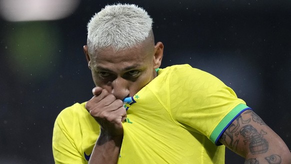 Brazil&#039;s Richarlison celebrates after scoring his side&#039;s third goal during the international friendly soccer match between Brazil and Ghana in Le Havre, western France, Friday, Sept. 23, 202 ...