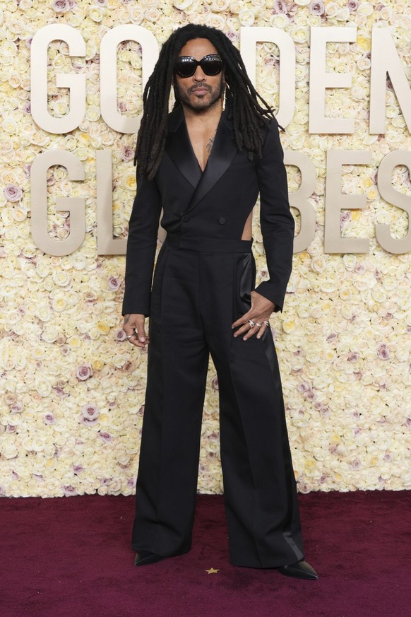 Lenny Kravitz arrives at the 81st Golden Globe Awards on Sunday, Jan. 7, 2024, at the Beverly Hilton in Beverly Hills, Calif. (Photo by Jordan Strauss/Invision/AP)