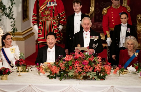 South Korean President state visit to the UK President of South Korea Yoon Suk Yeol listens as King Charles III speaks at the state banquet at Buckingham Palace, London, for the state visit to the UK ...